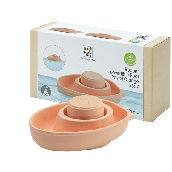 PlanToys Pastel Orange Rubber Convertible Boat Wooden Montessori Water and Sensory Play Toy | Cause & Effect, Imagination and Exploration Activity | Eco Friendly Floating Bath Toy
