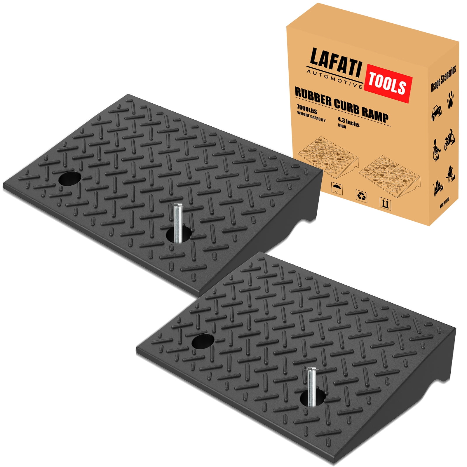 Rubber Curb Ramp 2 Pack, 4.3" Rise Height  Ramps, Driveway Ramps with Stable Grid Structure for Cars, Wheelchairs, Bikes, Motorcycles,7000lbs Load Capacity