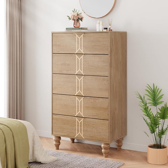 Towallmark Modern Wooden 5 Drawer Dresser with Vintage Pattern Design, Tall Dresser with Deep Drawers for Bedroom, Living Room and Entryway, Oak and Gold