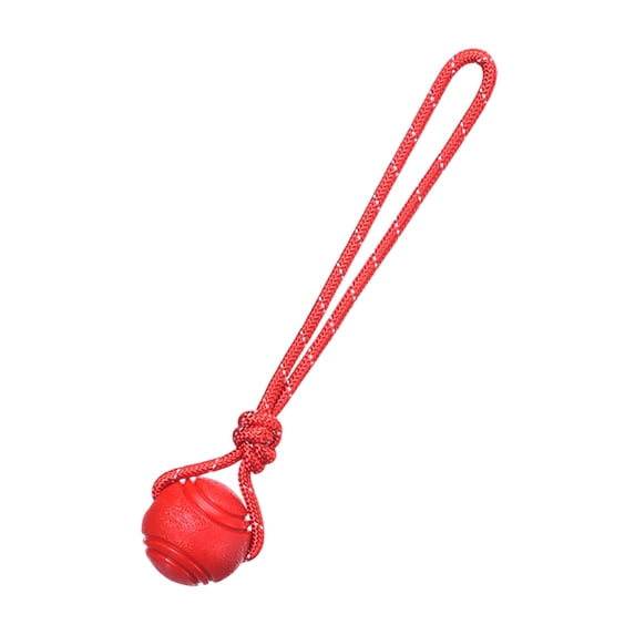 Rubber Dog Training Ball on Rope with Handle Tug of War Toy for Small Dogs Teeth Cleaning & Outdoor Training(Red,35.5x8cm)