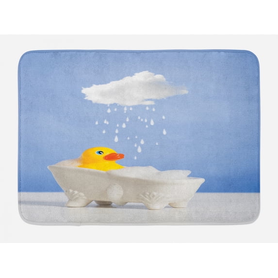 Rubber Duck Bath Mat, Rubber Duck Taking a Bath with Cloud Over Head Humorous Kids Room Print, Non-Slip Plush Mat Bathroom Kitchen Laundry Room Decor, 29.5 X 17.5 Inches, Yellow White Blue, Ambesonne