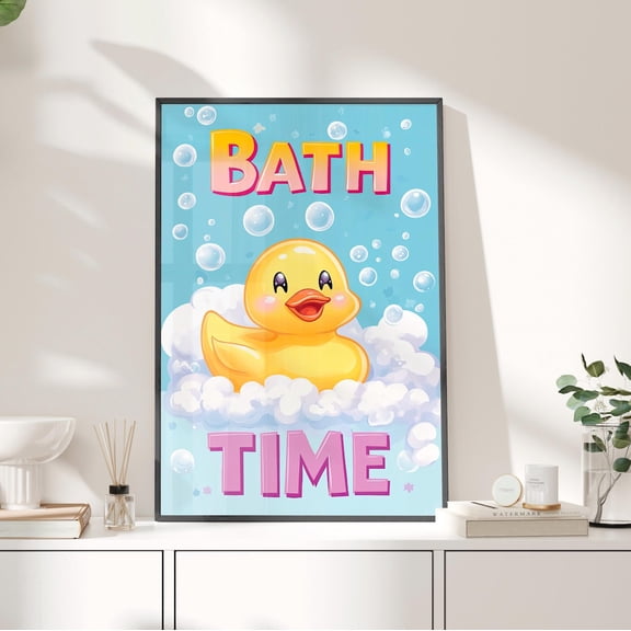 Rubber Duck Bath Time Wall Art Cute Bathroom Decor, Stretched Canvas Size 16x24