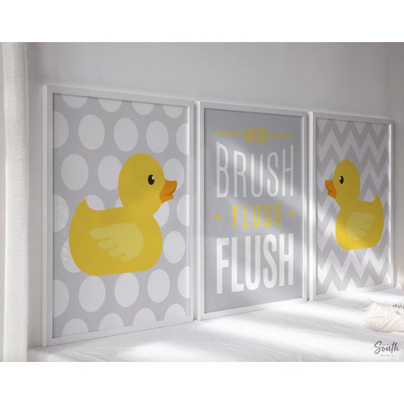 Rubber Duck Bathroom Poster Gray And Yellow Decor , Poster Print Only