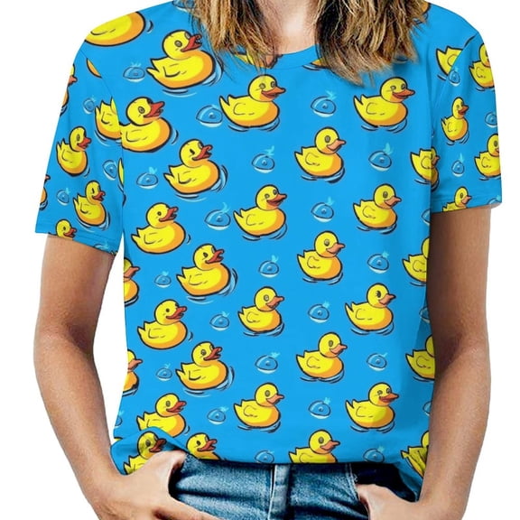 Rubber Duck Bubble Print Womens Tops Women's Fashion Casual Short Sleeve Flower Print Round Neck Pullover Top Blouse