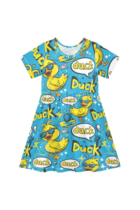 Rubber Duck Bubbles Lightning Sunglasses Pattern Short Sleeve Dress A-Line Cute Midi Casual Sundress 2-8 Years
