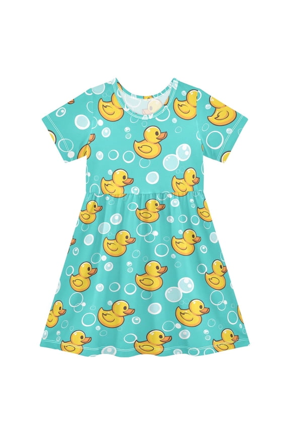 Rubber Duck Bubbles Pattern Short Sleeve Dress A-Line Cute Midi Casual Sundress 2-8 Years