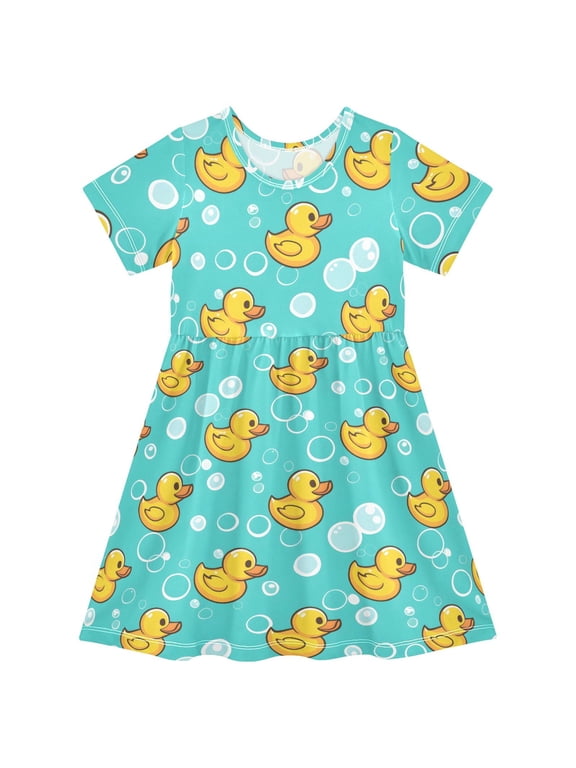Rubber Duck Bubbles Pattern Short Sleeve Dress A-Line Cute Midi Casual Sundress 2-8 Years
