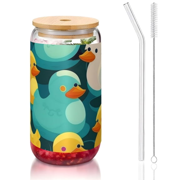Rubber Duck Colorful Cartoon 16oz Can Shaped Glass Cup with Bamboo Lid Straw Brush, Reusable Iced Coffee Beer Can Glass Tumbler for Soda, Tea, Cocktails