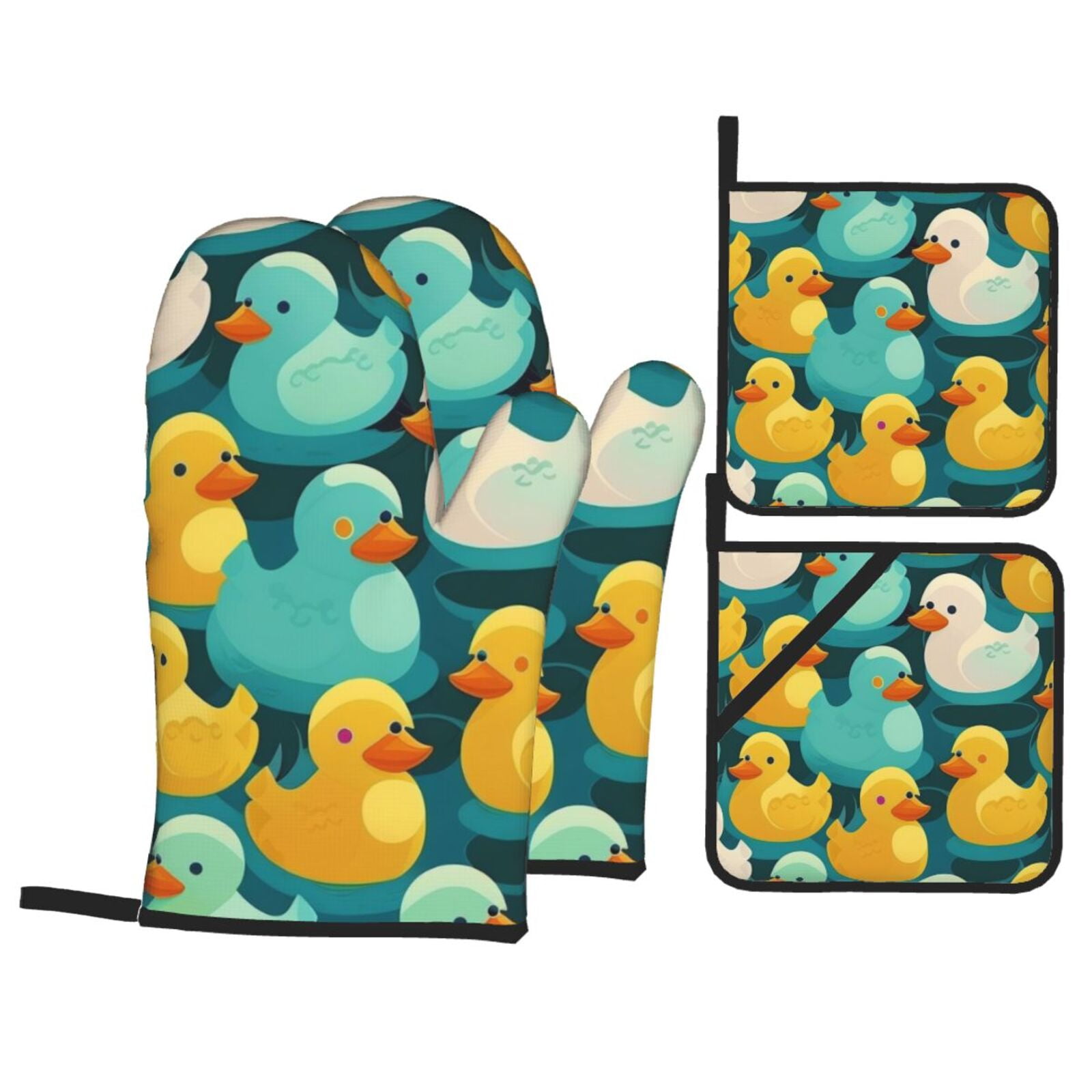 Rubber Duck Colorful Cartoon 4Pcs Oven Mitts and Pot Holders Sets Oven Kitchen Gloves Hot Pads for Cooking BBQ Baking Grilling