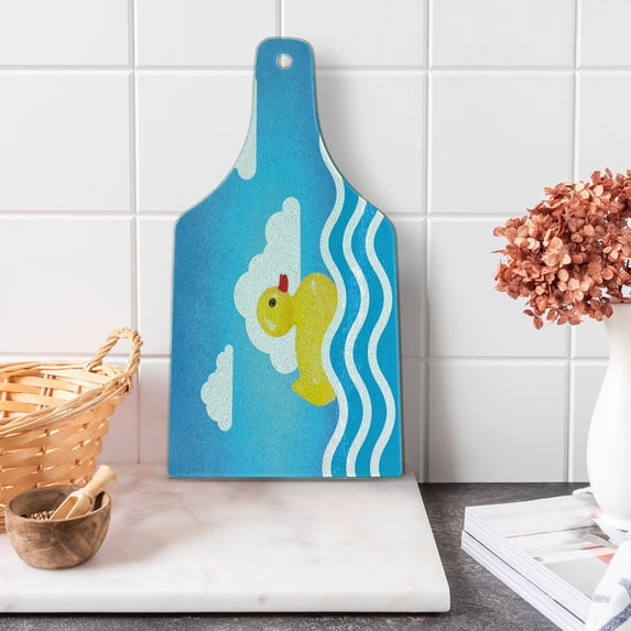 Rubber Duck Cutting Board, Yellow Toy on Wavy Water Inspired Stripes Clouds, Decorative Tempered Glass Cutting and Serving Board, Wine Bottle Shape, Yellow White Blue, by Ambesonne