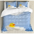 thumbnail image 1 of Rubber Duck Duvet Cover Set, Animal Taking a Bath Cloud over Head Humorous Room Print, Decorative 3 Piece Bedding Set with 2 Pillow Shams, Queen Size, Yellow White Blue, by Ambesonne, 1 of 3