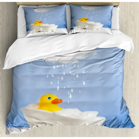 Rubber Duck Duvet Cover Set, Animal Taking a Bath Cloud over Head Humorous Room Print, Decorative 3 Piece Bedding Set with 2 Pillow Shams, Queen Size, Yellow White Blue, by Ambesonne