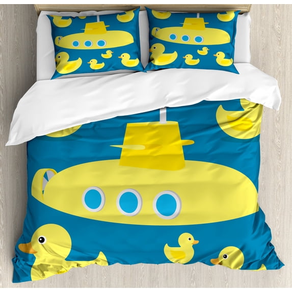 Rubber Duck Duvet Cover Set, Duckies Swimming in the Sea a Submarine Party Nautical Print, Decorative 3 Piece Bedding Set with 2 Pillow Shams, Queen Size, Navy Blue, by Ambesonne