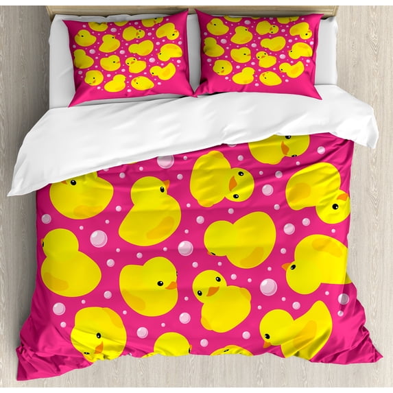 Rubber Duck Duvet Cover Set, Fun Duckies Circle Pattern Bath Bubbles Animal Print, Decorative 3 Piece Bedding Set with 2 Pillow Shams, Queen Size, Yellow Pink, by Ambesonne