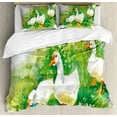 thumbnail image 1 of Rubber Duck Duvet Cover Set, Goose in Farm Lake Plants Grass Reeds Flowers Pond Animals Geese Feathers, Decorative 3 Piece Bedding Set with 2 Pillow Shams, Queen Size, Green and White, by Ambesonne, 1 of 3