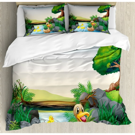 Rubber Duck Duvet Cover Set King Size, Cartoon Mother and Ducklings River Kids Fun Farm Animals Print Outdoor Feathers, Decorative 3 Piece Bedding Set with 2 Pillow Shams, Multicolor, by Ambesonne