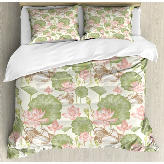 Rubber Duck Duvet Cover Set, Mandarin Ducklings in Lake Flowers Lilies Vintage Print River Nature, Decorative 3 Piece Bedding Set with 2 Pillow Shams, Queen Size, Pink Green and White, by Ambesonne