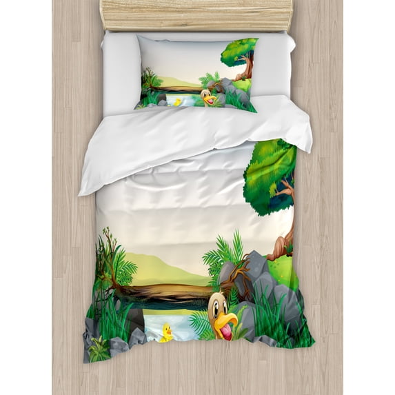Rubber Duck Duvet Cover Set Twin Size, Cartoon Mother and Ducklings River Kids Fun Farm Animals Print Outdoor Feathers, Decorative 2 Piece Bedding Set with 1 Pillow Sham, Multicolor, by Ambesonne