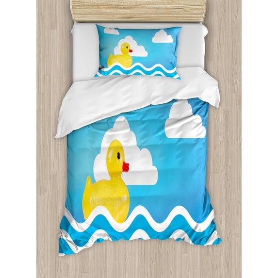 Rubber Duck Duvet Cover Set, Yellow on Wavy Water Inspired Stripes Clouds, Decorative 2 Piece Bedding Set with 1 Pillow Shams, Twin Size, Yellow White Blue, by Ambesonne