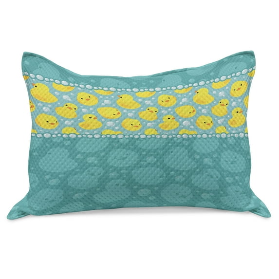 Rubber Duck Knitted Quilt Pillowcover, Cartoon Style Duckies Swimming in Water Pattern Fun Bubbles Aqua Colors, Standard King Size Pillow Cover for Bedroom, 36" x 20", Teal Blue, by Ambesonne