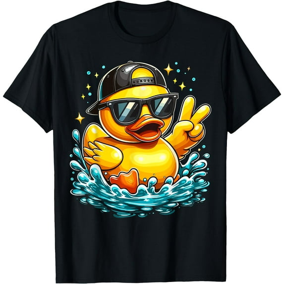 Rubber Duck Peace Sign Funny Unisex Softstyle T-Shirt,Black Color,Size L