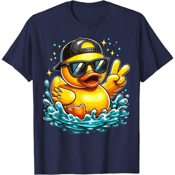 Rubber Duck Peace Sign Funny Unisex Softstyle T-Shirt,Navy Color,Size YL