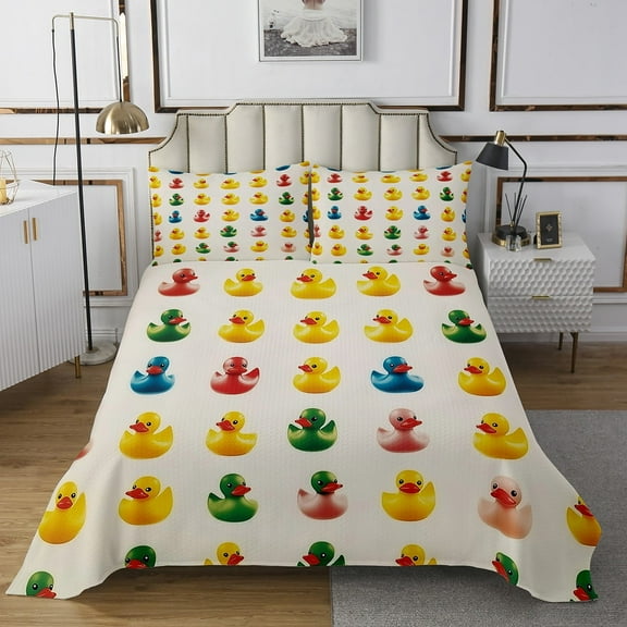 Rubber Duck Print Coverlet Set for Teens Adults,Yellow Squeak Ducky Toy Quilt Set Queen Size,Funny Bath Animal Bedspread Set,Cute Bed Cover Home Room Decor