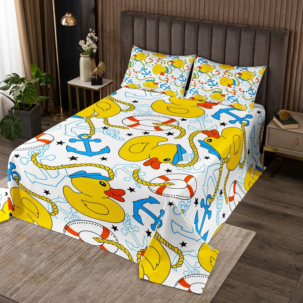 Rubber Duck Quilt Set King, Nautical Anchor Bedspread Set for Kids Boys