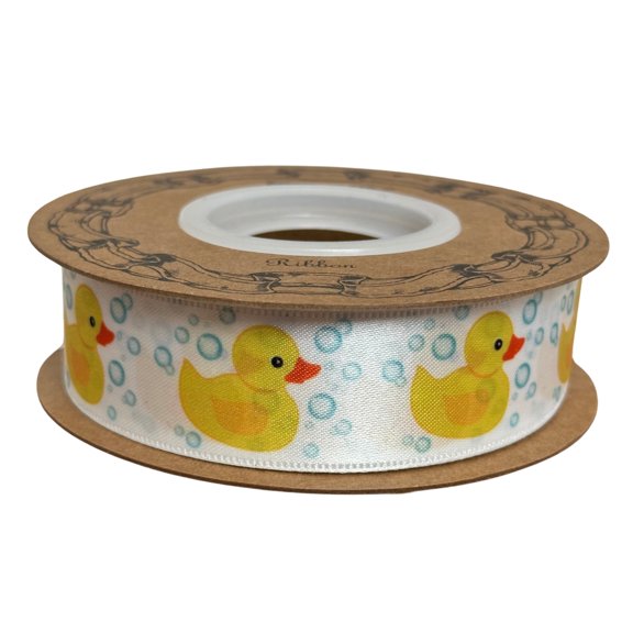 Rubber Duck Satin Craft Ribbon - 1" x 25 Yards, White Ribbon, Easter, Birthday, Baby Shower, Gift Bow, Hair Bows