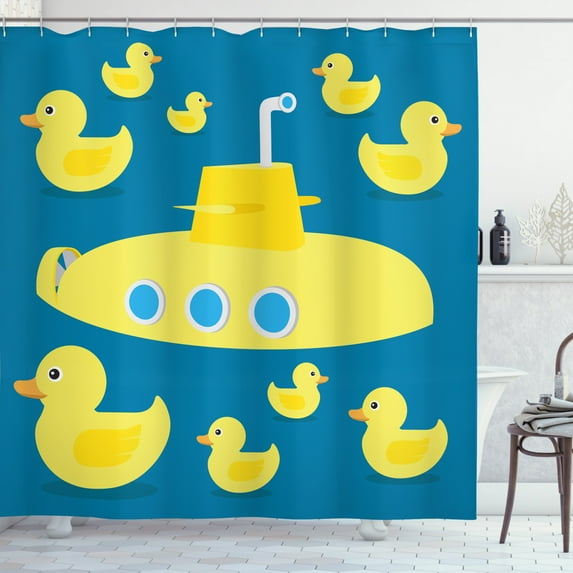 Ambesonne Rubber Duck Shower Curtain, Yellow Submarine, 69"Wx84"L, Navy Blue