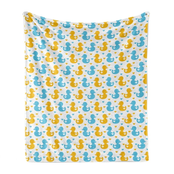 Rubber Duck Soft Flannel Fleece Blanket, Baby Ducklings Pattern with Little Hearts Love Animals Print Nursery Room, Cozy Plush for Indoor and Outdoor Use, 70" x 90", Blue and Yellow, by Ambesonne