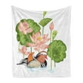thumbnail image 1 of Rubber Duck Soft Flannel Fleece Blanket, Baby Mandarin Duckling in Pond with Lotus Lily Flowers Water Painting, Cozy Plush for Indoor and Outdoor Use, 50" x 70", White Green and Pink, by Ambesonne, 1 of 6