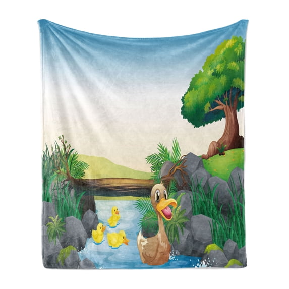 Rubber Duck Soft Flannel Fleece Blanket, Cartoon Mother and Ducklings River Kids Fun Farm Animals Print Outdoor Feathers, Cozy Plush for Indoor and Outdoor Use, 50" x 70", Multicolor, by Ambesonne