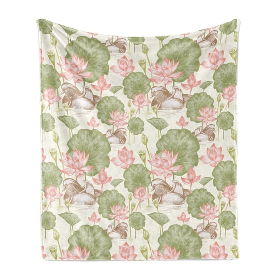 Rubber Duck Soft Flannel Fleece Blanket, Mandarin Ducklings in Lake Flowers Lilies Vintage Print River Nature, Cozy Plush for Indoor and Outdoor Use, 50" x 70", Pink Green and White, by Ambesonne