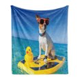 thumbnail image 1 of Rubber Duck Soft Flannel Fleece Throw Blanket, Dog Sunglasses on Surfboard at Ocean Shore Fun Summer Season Theme, Cozy Plush for Indoor and Outdoor Use, 70" x 90", Multicolor, by Ambesonne, 1 of 6