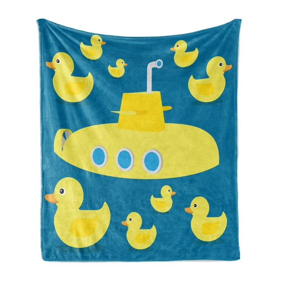 Rubber Duck Soft Flannel Fleece Throw Blanket, Duckies Swimming in the Sea a Submarine Kids Party Nautical Print, Cozy Plush for Indoor and Outdoor Use, 60" x 80", Navy Blue, by Ambesonne