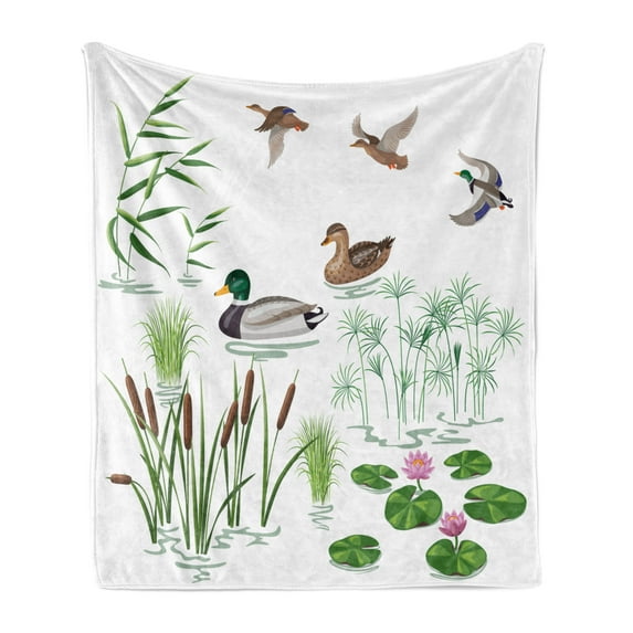 Rubber Duck Soft Flannel Fleece Throw Blanket, Lake Animals and Plants Lily Flowers Reeds Cane in the Pond Nature Park, Cozy Plush for Indoor and Outdoor Use, 60" x 80", White Green, by Ambesonne