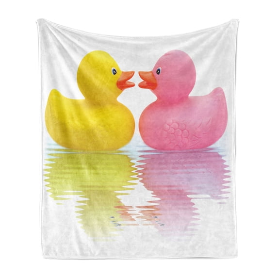 Rubber Duck Soft Flannel Fleece Throw Blanket, Rubber Duck Couple in Love Romantic First Love Childhood Kids Theme, Cozy Plush for Indoor and Outdoor Use, 50" x 60", Yellow Pink White, by Ambesonne