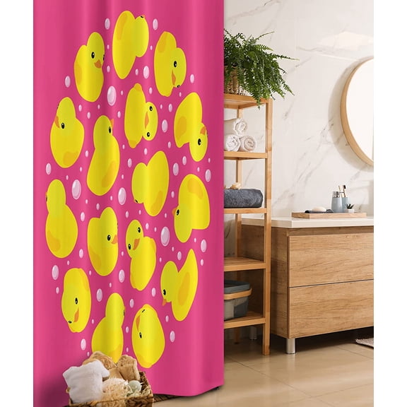 Rubber Duck Stall Shower Curtain, Fun Duckies Circle Pattern Bath Bubbles Animal Print, Fabric Bathroom Decor Set with Hooks, 36" W x 72" L, Yellow Pink