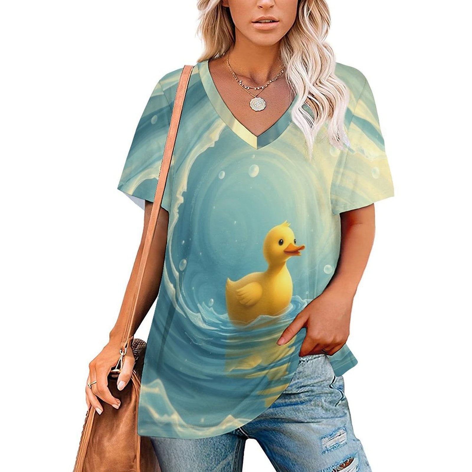 Rubber Duck T Shirts V Neck Short Sleeve Print Top Tees