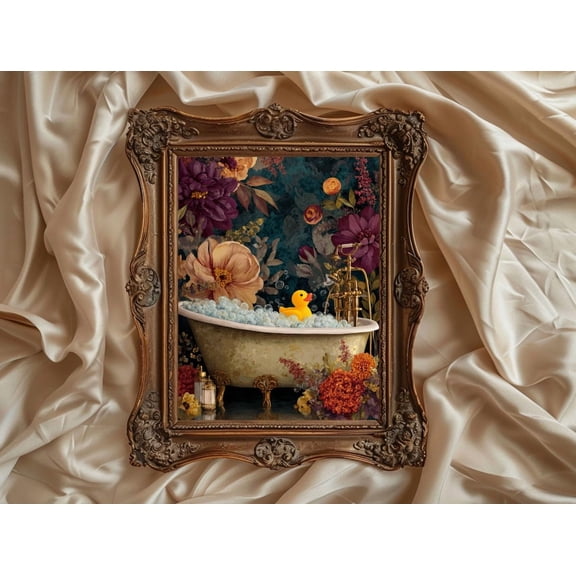 Rubber Duck Wall Art Print – Vintage Bathtub with Florals, Whimsical Bathroom Decor Poster Decor, Unframed Poster Size 12x18 F03.1.22l1209