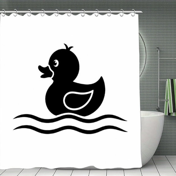 Rubber Duck Water Waves Silhouette Print Shower Curtain,Cloth Fabric Waterproof Polyester Bathroom Home Decor Set with Hooks