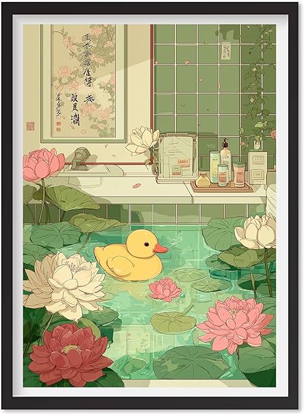 Rubber Duck in Bathtub Wall Art Funny Zen Bathroom Poster Japanese ...