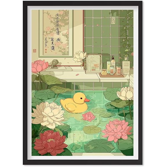 Rubber Duck in Bathtub Wall Art Funny Zen Bathroom Poster Japanese, Minimalist Japandi Deco Cute Animal Print Whimsical Gift Idea