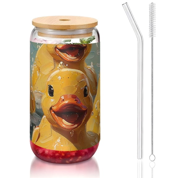 Rubber Ducks Funny Vintage 16oz Can Shaped Glass Cup with Bamboo Lid Straw Brush, Reusable Iced Coffee Beer Can Glass Tumbler for Soda, Tea, Cocktails