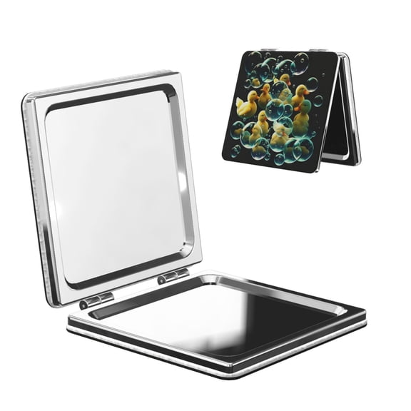 Rubber Ducks In Soap Bubbles Portable Double-Sided Face Mirror Square, Magnifying Compact Pocket Mirror with PU Leather Cover