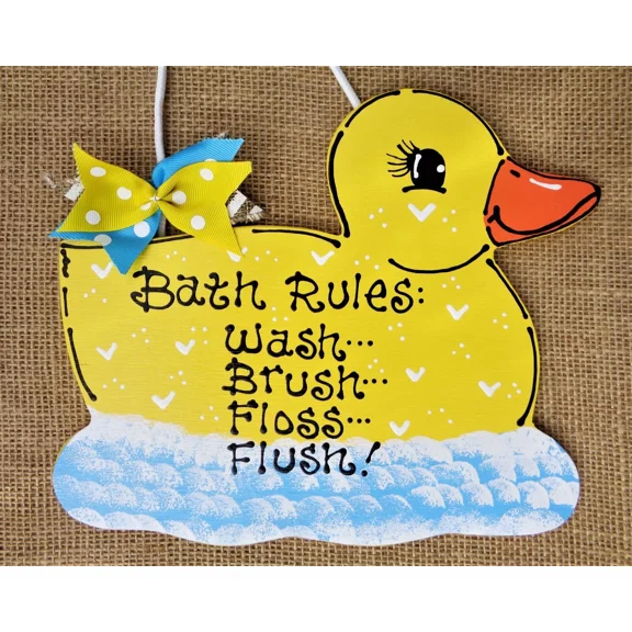 Rubber Ducky Bath Rules Sign Bathroom Yellow Duck Kids Childrens Wall Plaque
