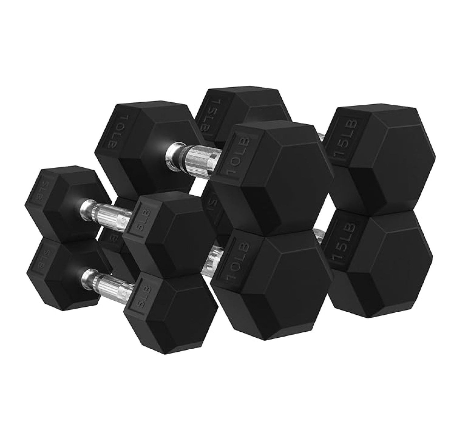 Rubber Encased Hex Dumbbells with Optional Rack, 10 15 20LB Pairs and 5, 10 and 15 Pairs Weight Sets for Home Gym