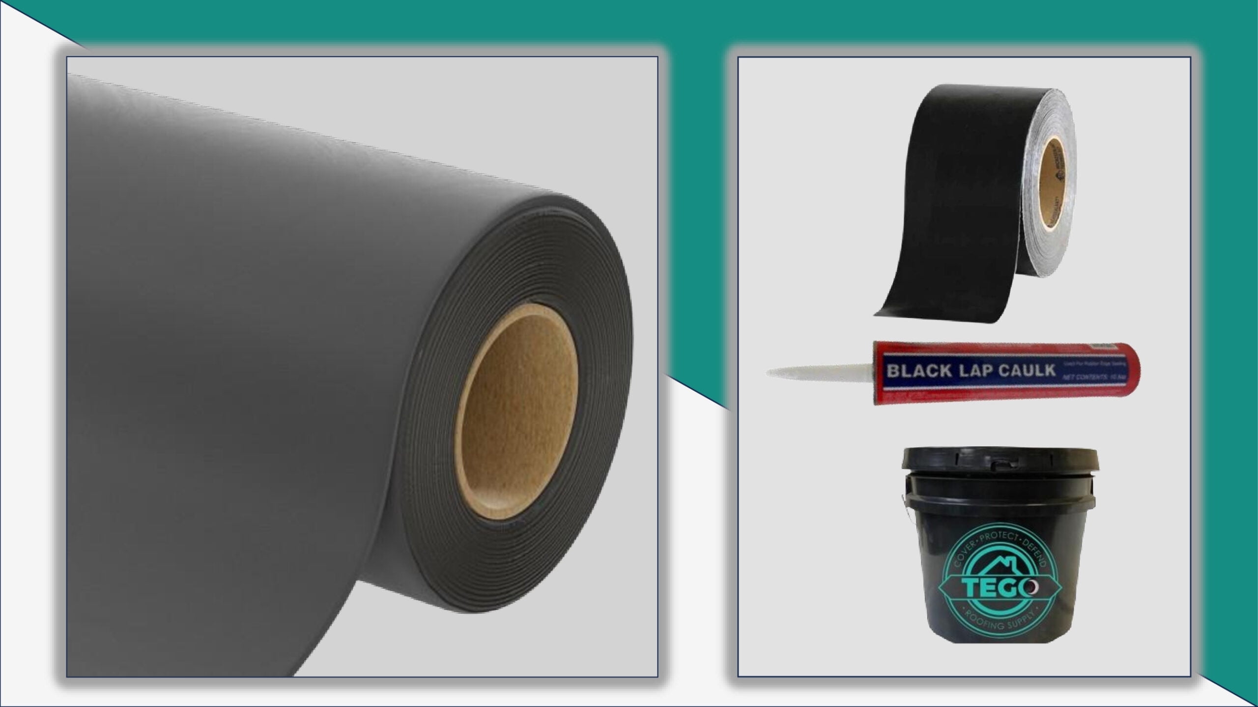 Rubber Flat Roofing Repair Kit 10' X 10' 45 Mil Black EPDM with 1 Gallon of Adhesive and 12.5 feet of Black Bite Roofing Tape - Tego Roofing Supply