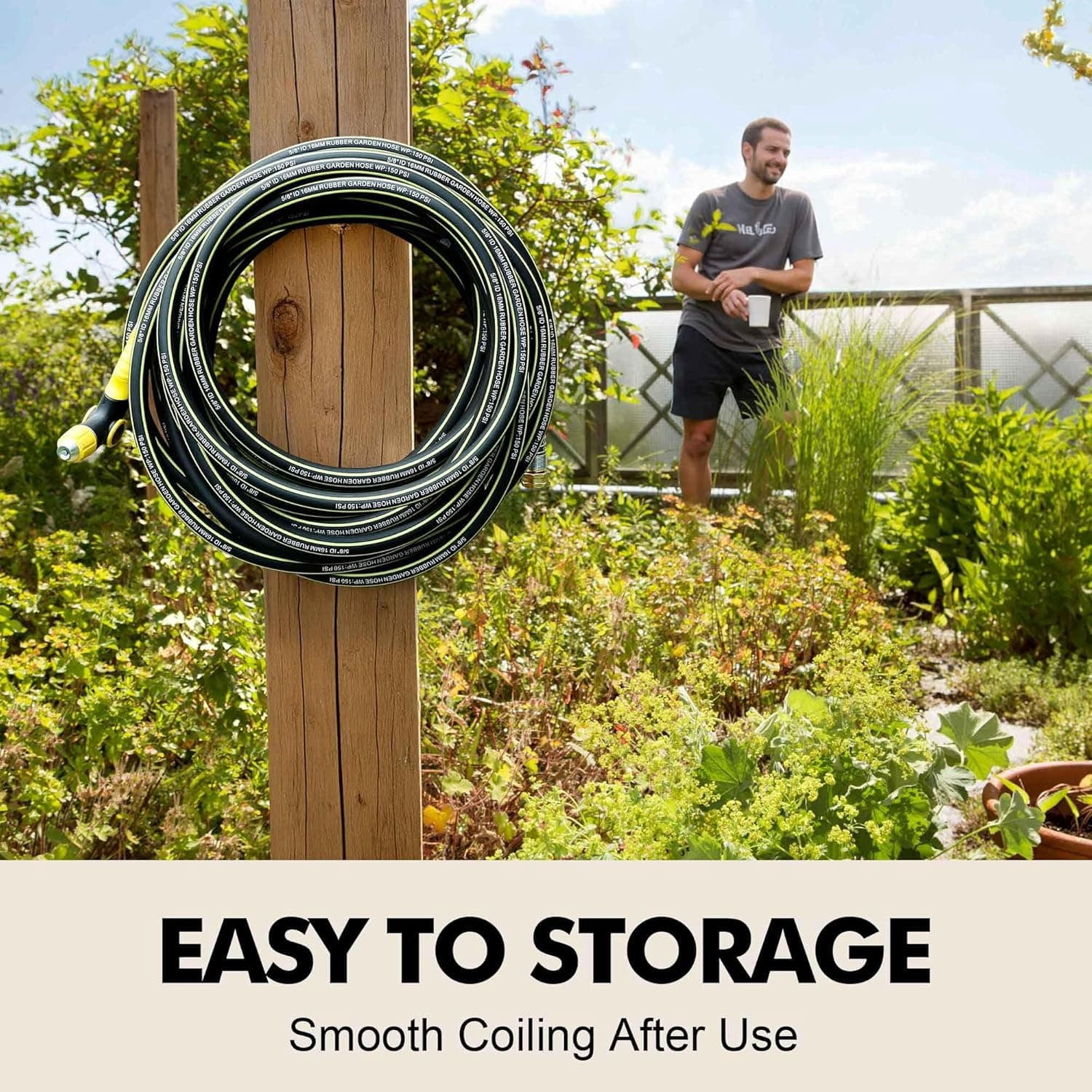 Rubber Garden Water Hose 50ft, 5/8" Leak Proof Garden Hose with Brass Connector, Flexible Hose Pipe for Lawn, Watering Cleaning & Washing